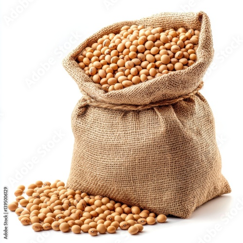 Burlap sack filled with soybeans spilling onto a white surface on isoleted white background