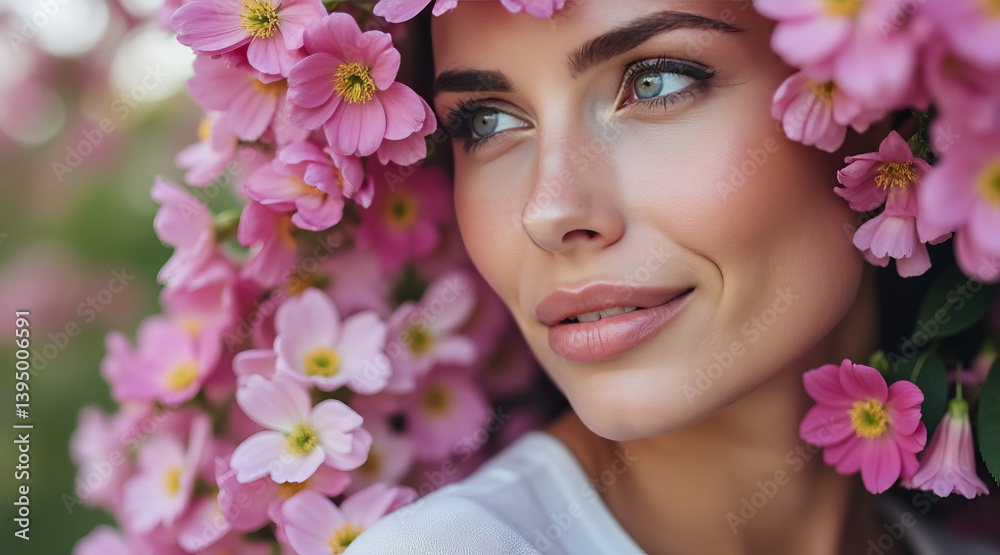 serene woman with gentle smile surrounded by vibrant pink flowers, radiating beauty and tranquility serene woman with gentle smile surrounded by vibrant pink flowers, radiating beauty and tranquility