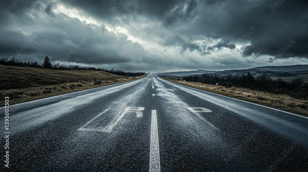Naklejka premium Wet road stretches into the distance under a dramatic dark cloudy sky.