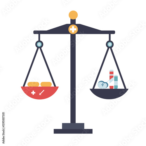 Red and Blue Scales Balancing Medical Pills and Syringe