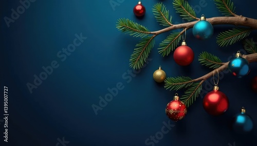 Ornamented tree branch with golden and blue ornaments on dark blue background, colorful ornaments, ornamentation, golden ornaments