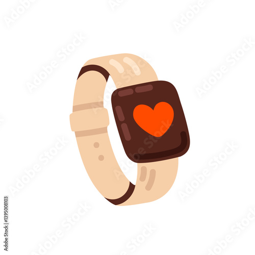 Beige smart fitness tracker wristband with heart symbol, isolated on white background