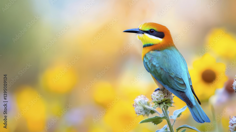 Obraz premium vibrant bird perched gracefully amidst blooming sunflowers, showcasing its colorful plumage in serene setting