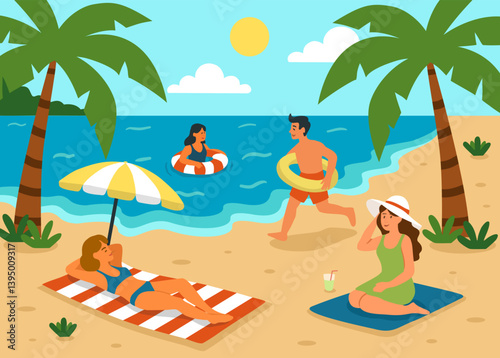 People Relaxing and Having Fun at the Beach – Summer Vacation Illustration
