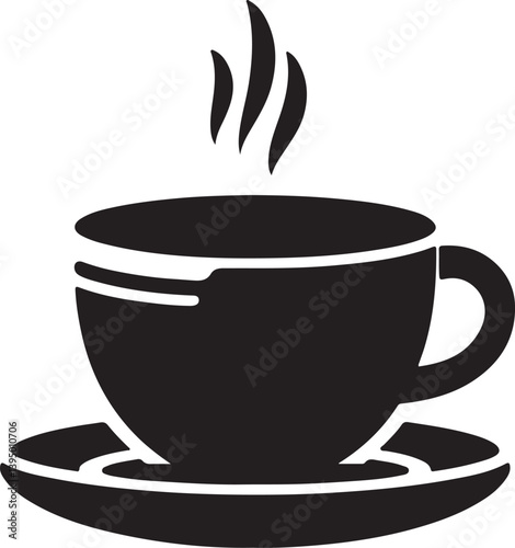 Aromatic Morning Ritual: A minimalist monochrome graphic of a steaming cup of coffee on a saucer symbolizes the start of a perfect day. A comforting symbol of warmth and energy.