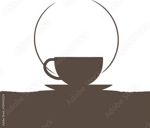 Serene Morning Brew: A minimalist depiction of a coffee cup and saucer, bathed in a soft, evocative glow of sunrise. A symbol of simplicity and morning routines.