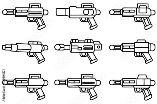  blaster line art futuristic weapon design in black and white.