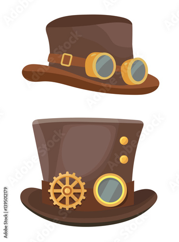 Steampunk hat. Flat vector, clipart illustration isolated on white background.