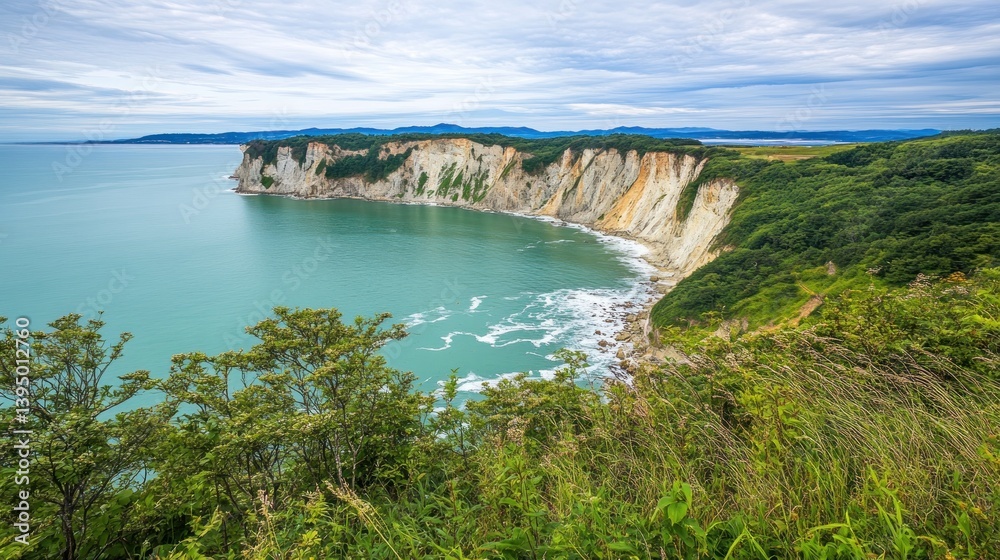 Fototapeta premium Coastal cliffs meet turquoise water, lush greenery. Ocean view, scenic landscape
