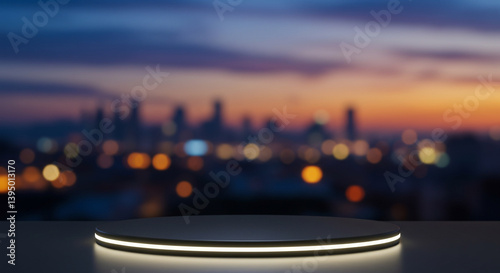 Black round podium display stand with glowing white light edge against blurred night city skyline bokeh background. Empty illuminated stage modern showcase.