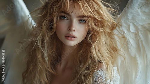 A beautiful woman with blonde wavy hair and angel wings.