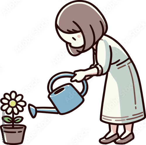花に水をあげている女性のイラスト
