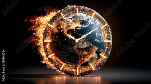 Fiery Clock Concept Symbolizing Time and Environmental Urgency on Planet Earth with Dramatic Flames and Clock Face Representation