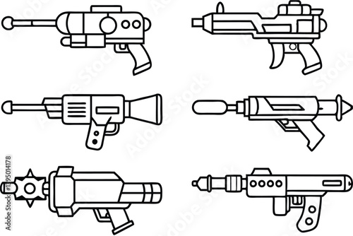 blaster line art minimal black and white futuristic weapon sketch
