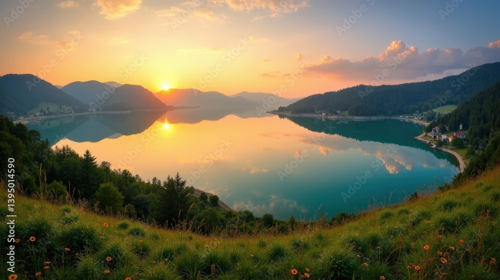 custom made wallpaper toronto digitalPanoramic view of Lac de Melu in France during the quiet morning hours under a sunny sky.