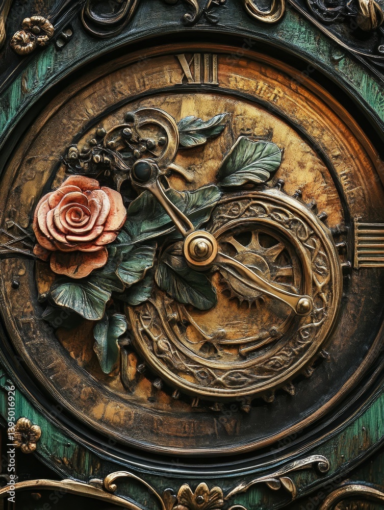 Obraz premium Ornate clock face with floral embellishments and intricate gear mechanisms.