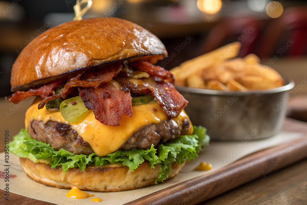 Delicious Cheeseburger With Crispy Bacon Lettuce And Fries Meal At Restaurant