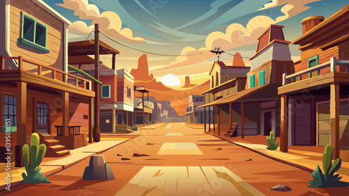 Abandoned Western town street with dusty road and wooden buildings in the late afternoon