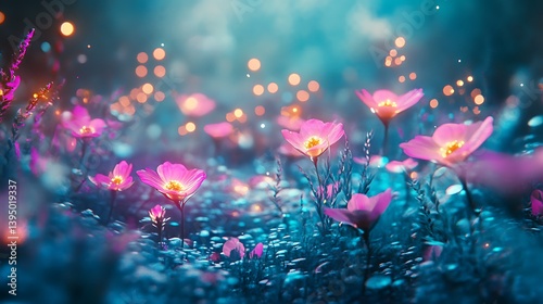 A futuristic glowing meadow with radiant flowers and neon highlights 