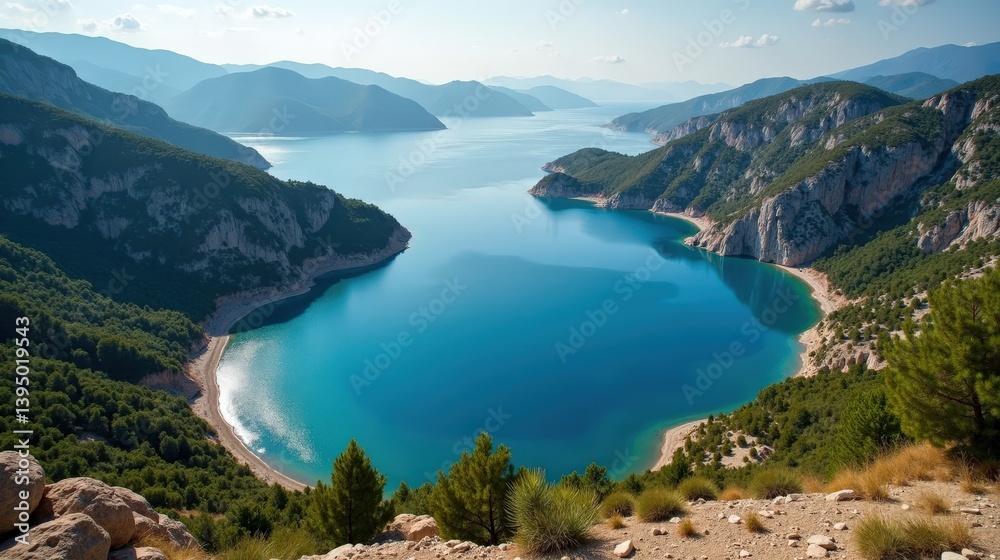 Obraz premium Breathtaking photo of Lake Kourna in Greece at midday, under hot, sunny summer conditions, captured from an aerial viewpoint.