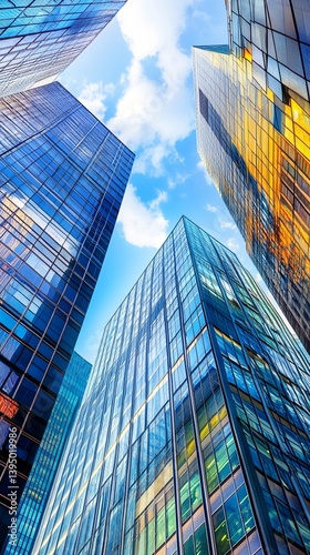 Obraz na płótnie Modern glass skyscrapers reaching towards a bright blue sky, reflecting sunlight with vibrant blue and golden hues, showcasing urban architectural innovation and design w salonie