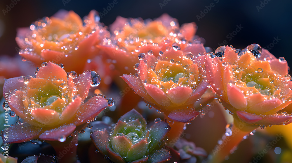 A richly detailed photography of water droplets on the surface of a succulent plant, each droplet reflecting the surrounding garden in miniature detail.