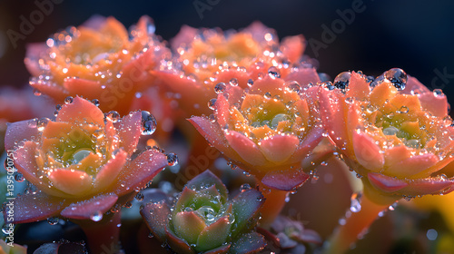 Obraz na płótnie A richly detailed photography of water droplets on the surface of a succulent plant, each droplet reflecting the surrounding garden in miniature detail. w salonie