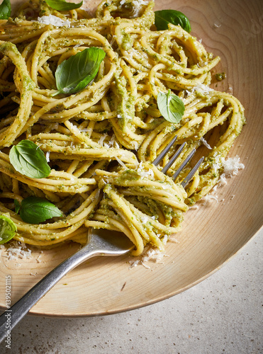 Italian spaghetti pasta with basil
