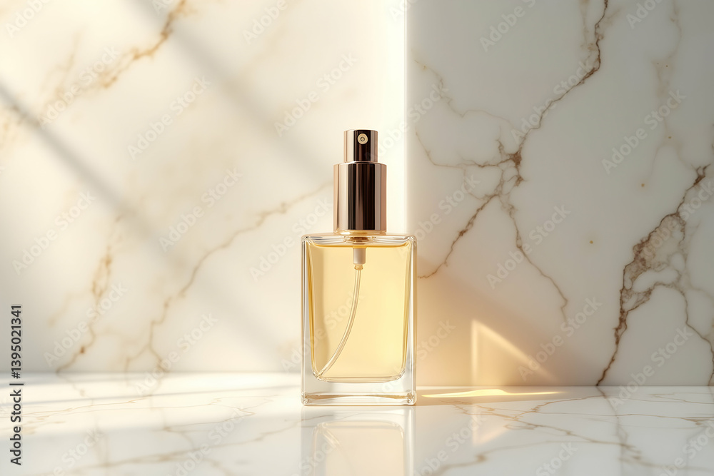 Elegant Perfume Bottle on Marble Surface, A Luxurious Still Life Composition with Golden Accents and Subtle Light Play for Beauty and Fragrance Concepts