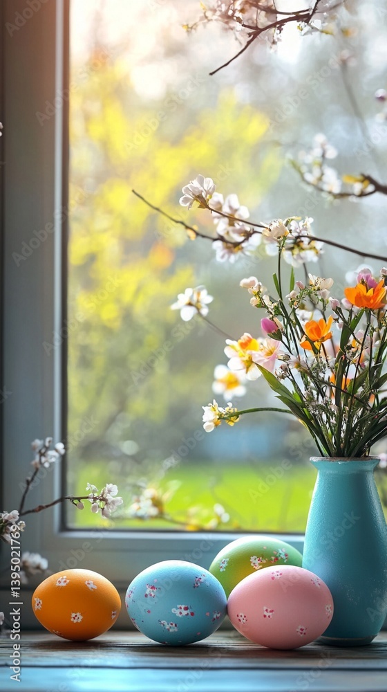 Soft spring morning light illuminates pastel Easter eggs and delicate wildflowers in a serene windowsill composition, capturing the gentle awakening of the season