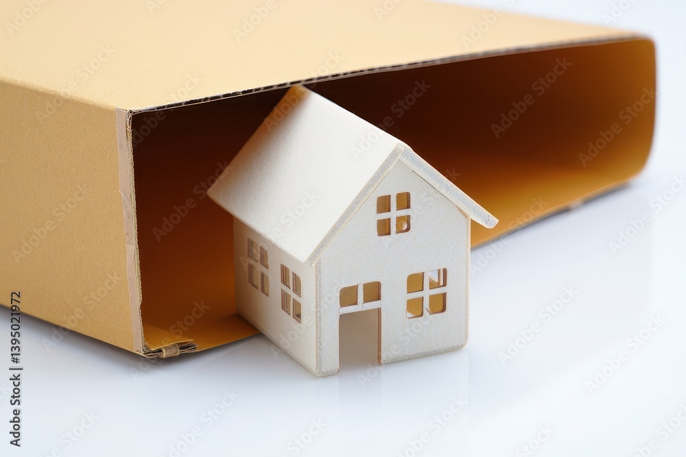 Mortgage approval process concept. Miniature house emerging from a cardboard box on a reflective surface. Mortgage approval process concept. Miniature house emerging from a cardboard box on a reflective surface.