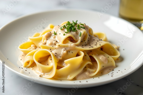 Elegant presentation of creamy fettuccine alfredo with fresh chives on a white plate, showcasing a refined culinary experience in a bright setting