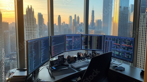Day trader with multiple monitors tracking S&P 500 futures.