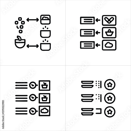 Recipe steps icons in minimalist line style showing clear cooking instructions in black and white graphics  
