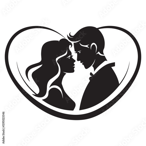 romantic couple, love symbol, silhouette art, heart shape, man and woman, lovers, face to face, romantic moment, black and white, couple illustration, wedding concept, romantic design, valentine’s day