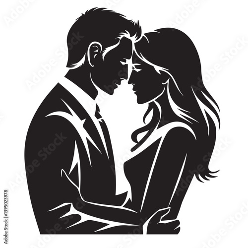 Romantic Couple Silhouette Embracing – Love and Intimacy Vector Illustration