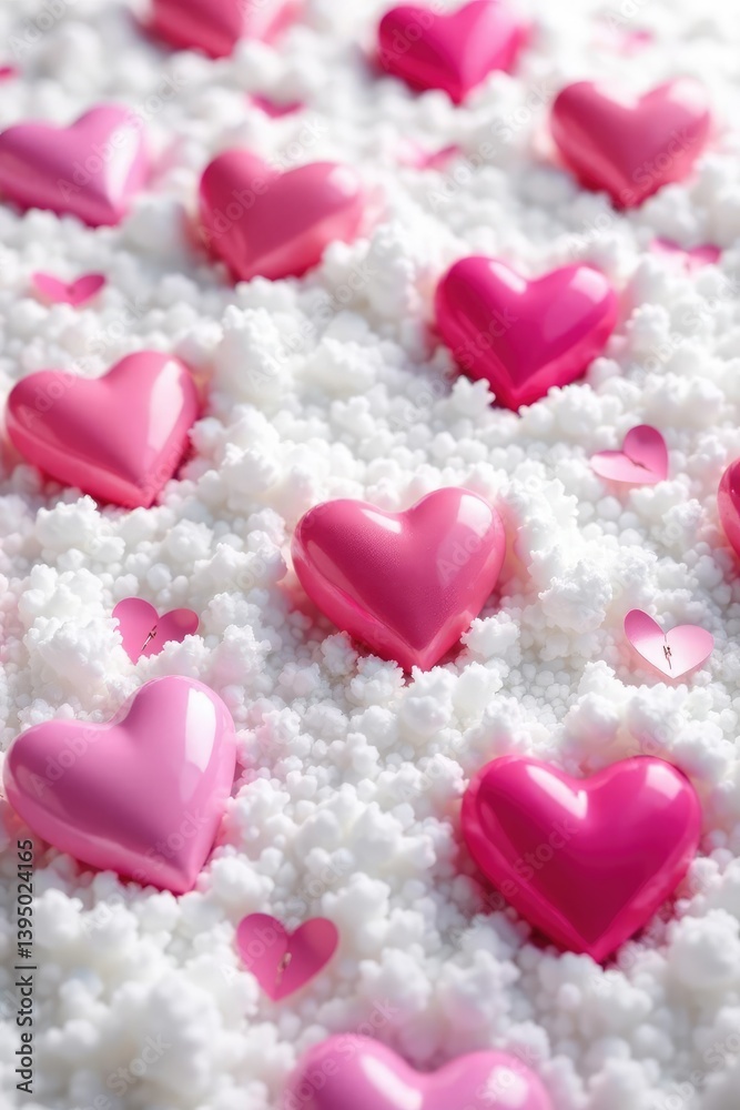 Obraz premium Colorful heart balloons scattered on a snowy white surface, pink, white