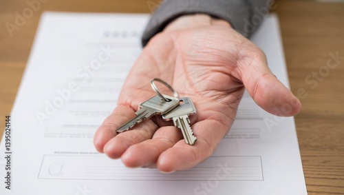 Mortgage approval process concept. A hand holding keys over a document, symbolizing property ownership or lease agreement.