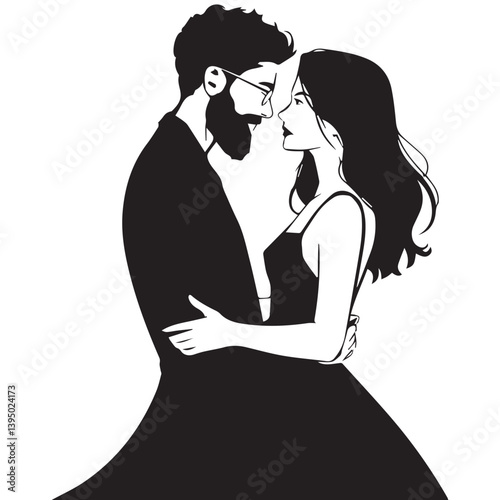Romantic Couple Silhouette – Bearded Man and Woman in Love Embrace Vector Illustration