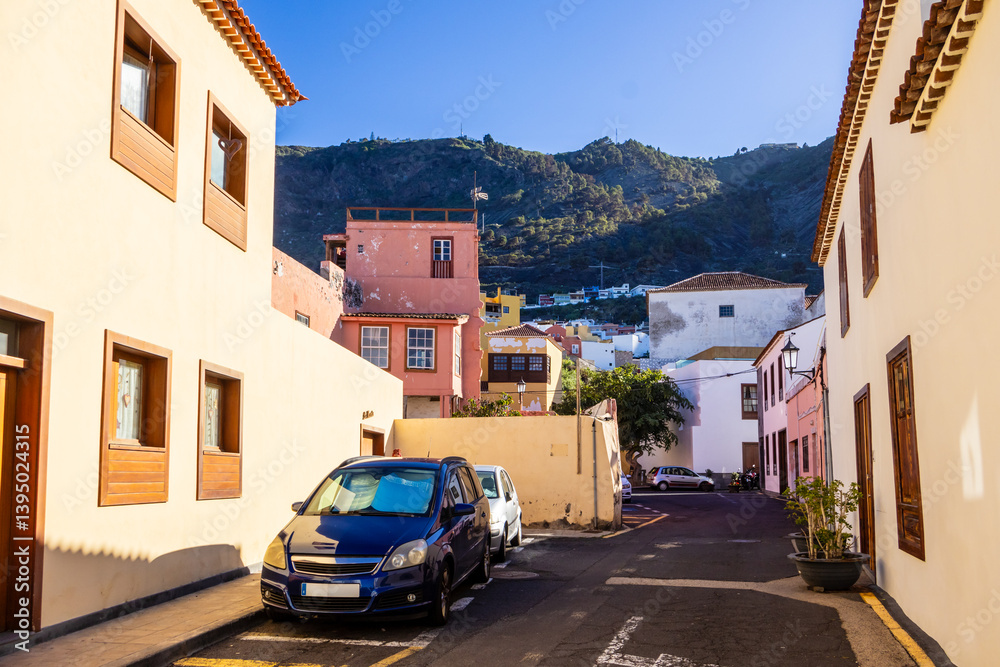 View of street in sunny day in Garachico, Santa Cruz de Tenerife, Spain