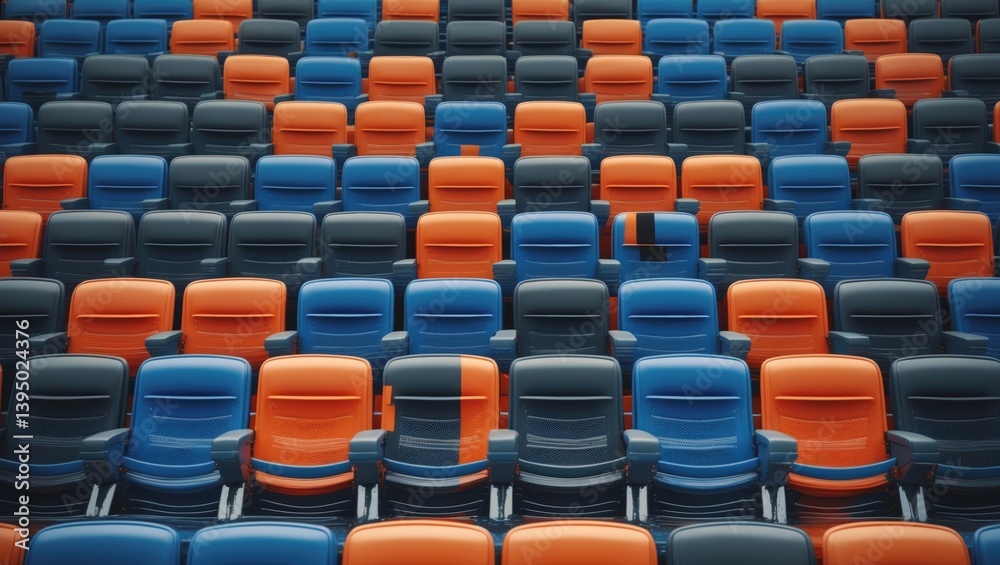 A vibrant and orderly arrangement of blue and orange chairs in a cinematic setting, showcasing a striking color contrast. A vibrant and orderly arrangement of blue and orange chairs in a cinematic setting, showcasing a striking color contrast.