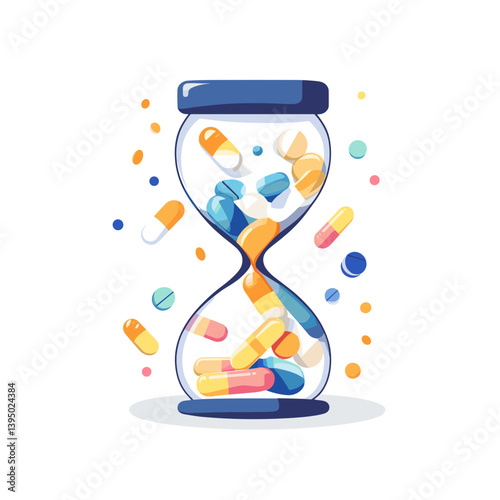 Colorful Pills Falling in Hourglass: Medical Treatment Time Concept