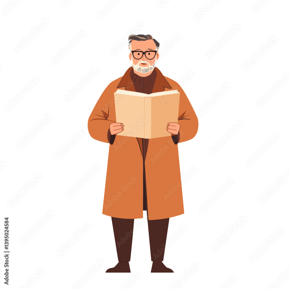 Elderly Man Reading a Book in a Brown Coat Elderly Man Reading a Book in a Brown Coat