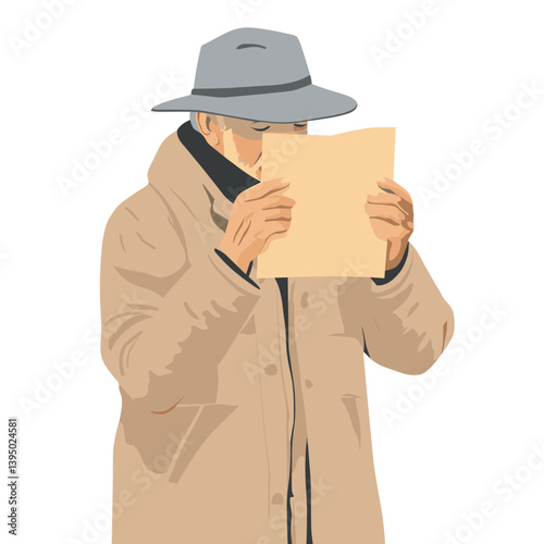 Elderly Man in Beige Coat and Gray Hat Reading a Document