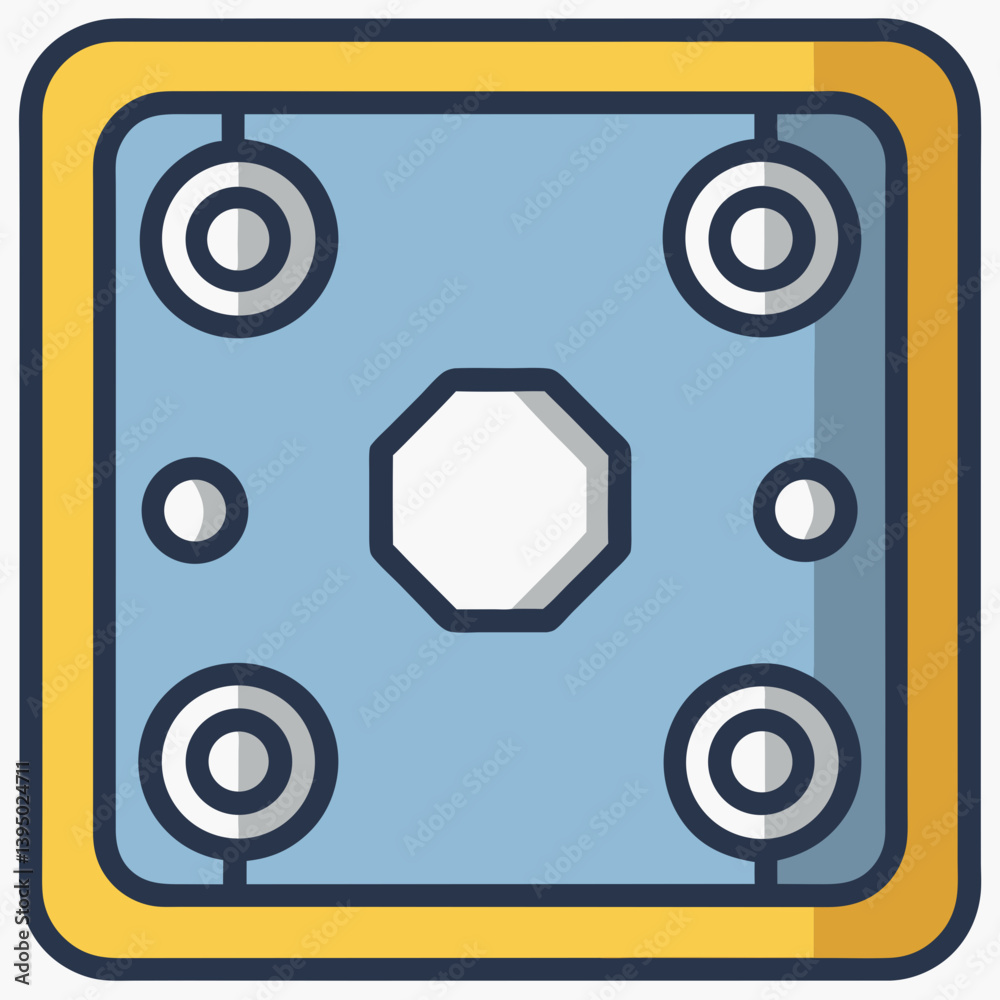 A square with four screws positioned at each corner. A square with four screws positioned at each corner.