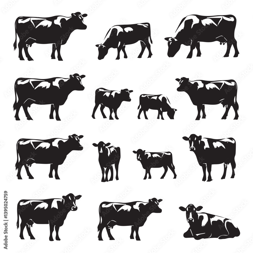 Cow Silhouette Vector Set – Farm Animal Poses and Grazing Cattle Collection Cow Silhouette Vector Set – Farm Animal Poses and Grazing Cattle Collection