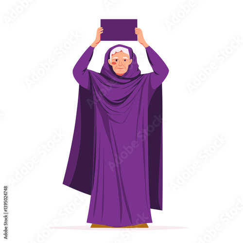Elderly Woman in Purple Robe Holding a Sign Against White Background