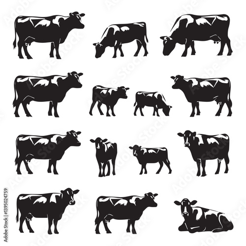 Cow Silhouette Vector Set – Farm Animal Poses and Grazing Cattle Collection