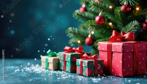 Colorful presents stacked under a Christmas tree, presents, snowflake