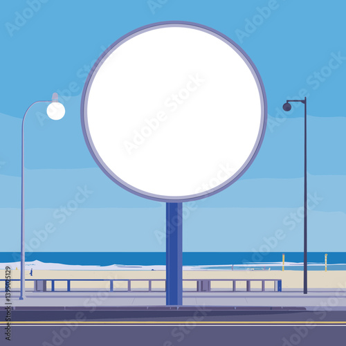 Large Blank Circular Sign on Beachfront Promenade